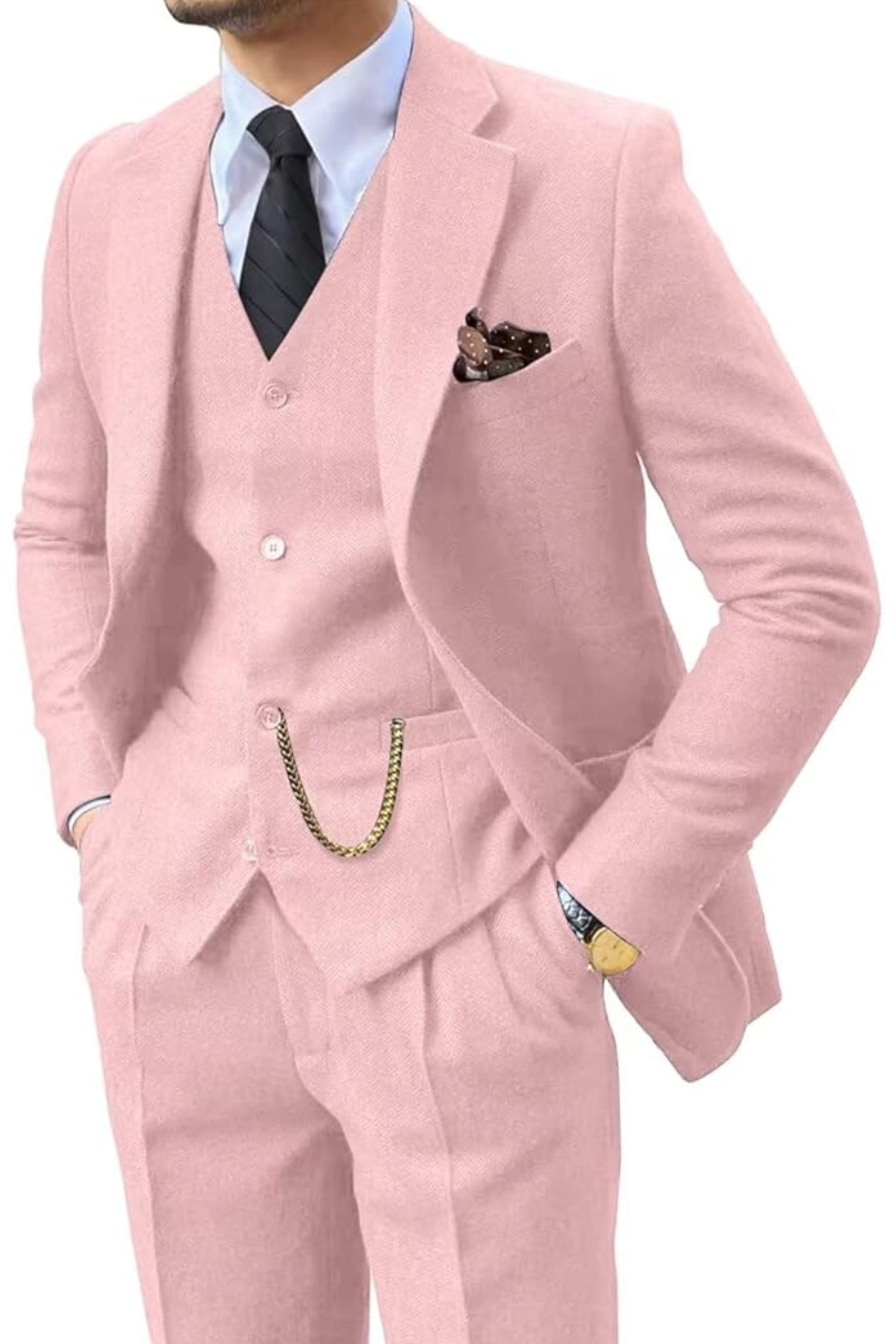 Men's Herringbone Woven Suit Set with Notched Lapel and Vest