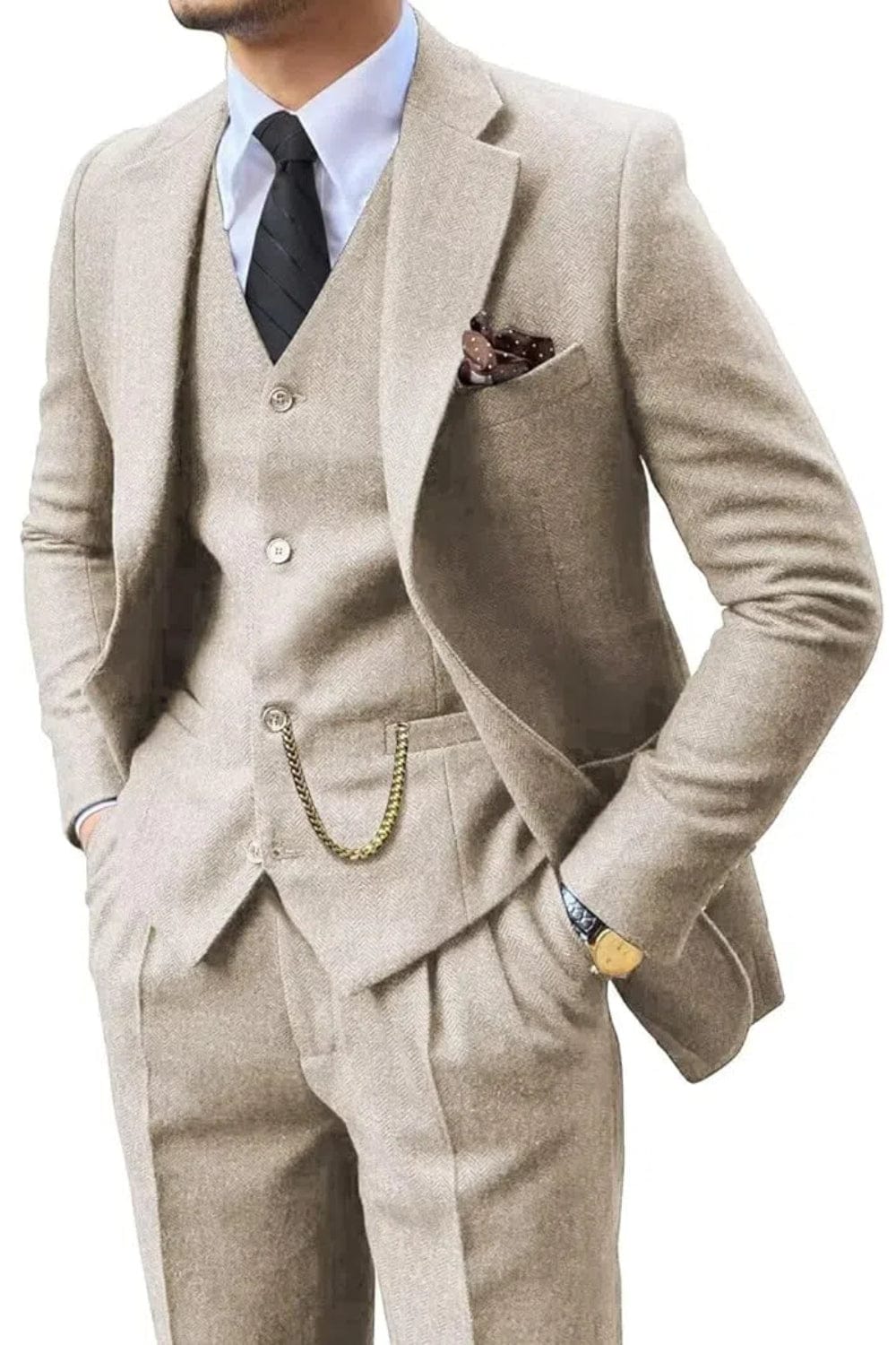 Men's Herringbone Woven Suit Set with Notched Lapel and Vest