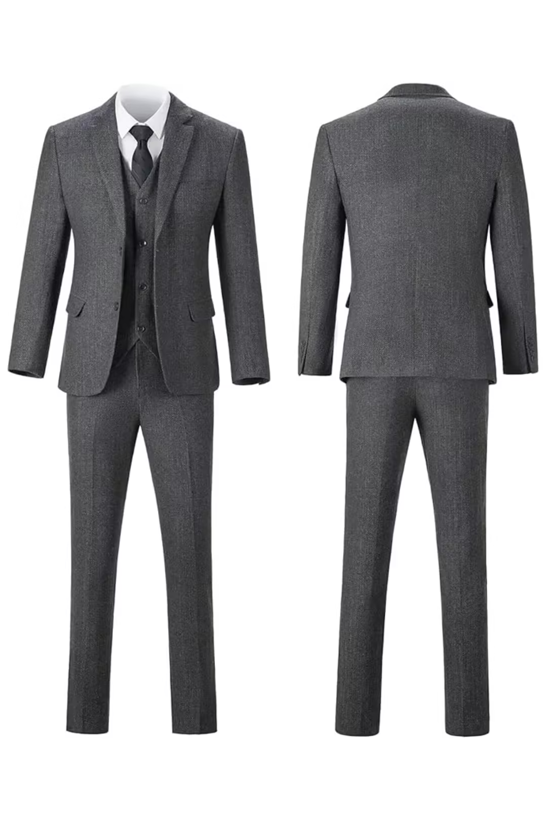 Men's Herringbone Woven Suit Set with Notched Lapel and Vest