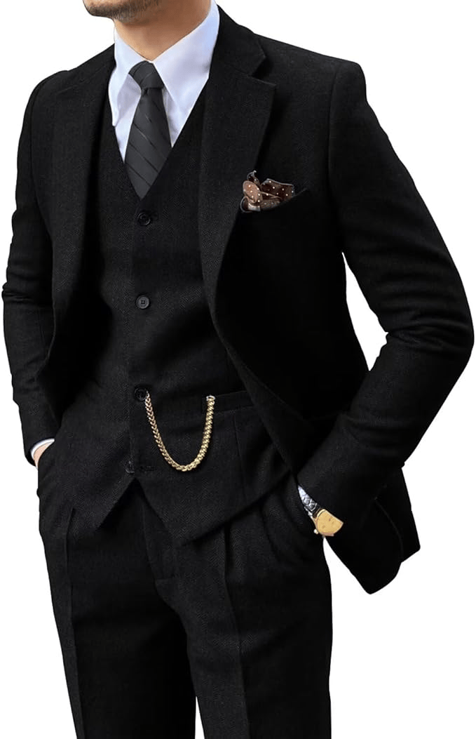 Men's Herringbone Woven Suit Set with Notched Lapel and Vest