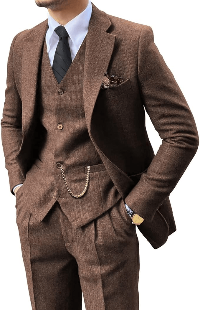 Men's Herringbone Woven Suit Set with Notched Lapel and Vest