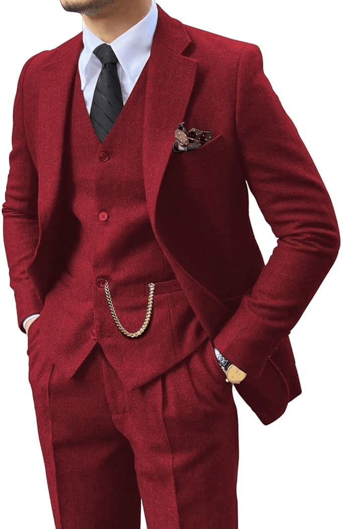 Men's Herringbone Woven Suit Set with Notched Lapel and Vest
