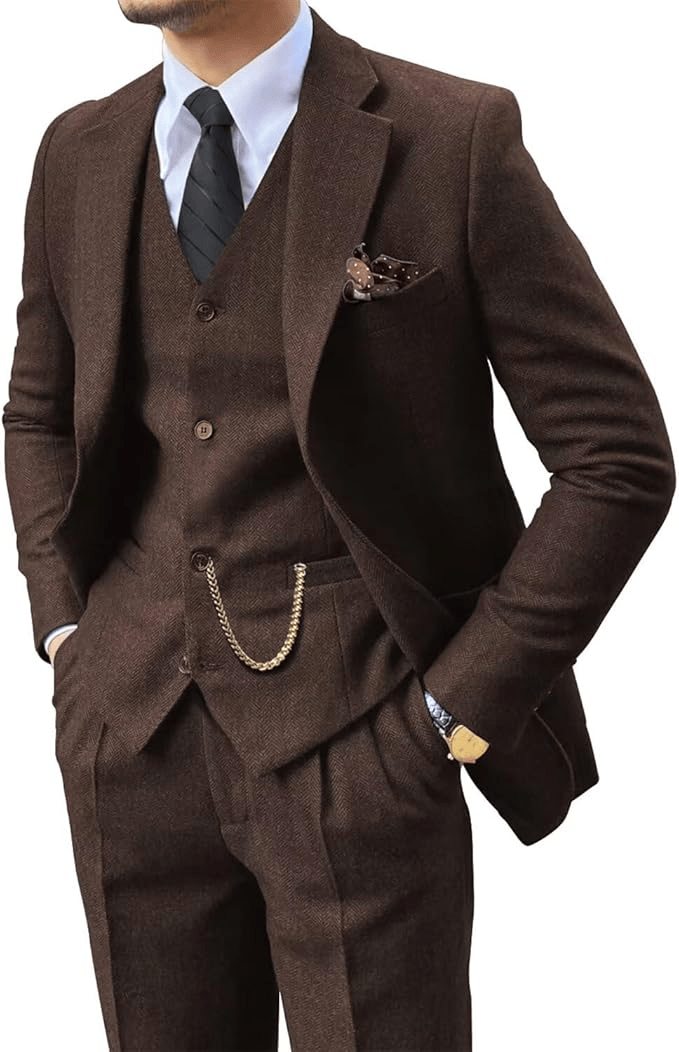 Men's Herringbone Woven Suit Set with Notched Lapel and Vest