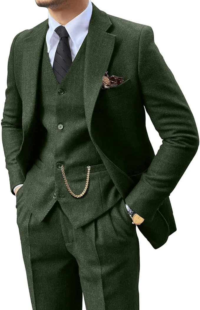 Men's Herringbone Woven Suit Set with Notched Lapel and Vest