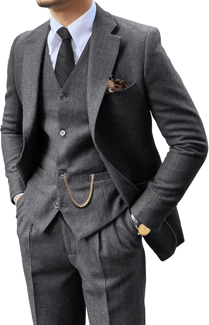 Men's Herringbone Woven Suit Set with Notched Lapel and Vest