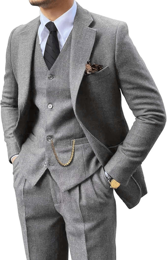 Men's Herringbone Woven Suit Set with Notched Lapel and Vest
