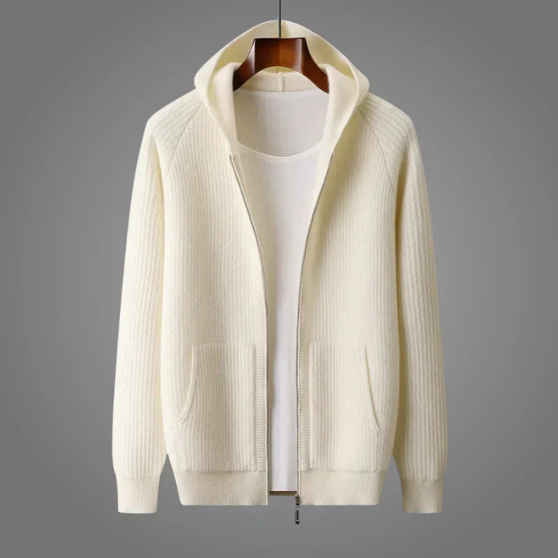Men's Hooded Knit Sweater with Full Zip and Patch Pockets