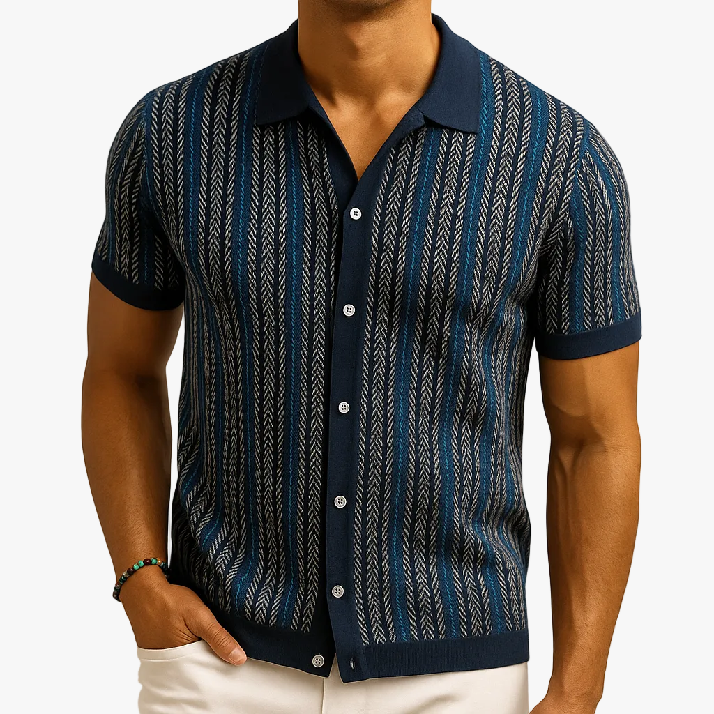 Men's Knit Button-Front Shirt with Herringbone Pattern and Collar