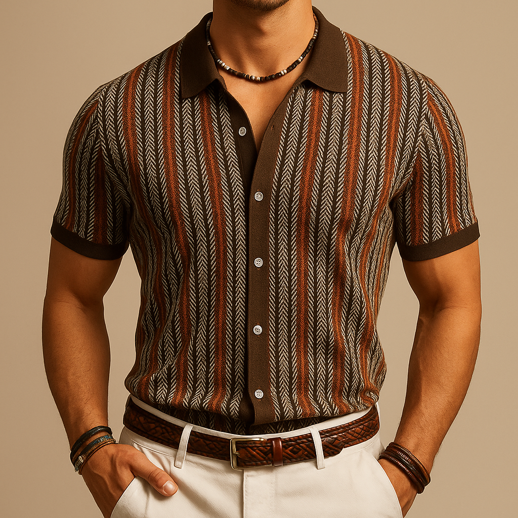 Men's Knit Button-Front Shirt with Herringbone Pattern and Collar