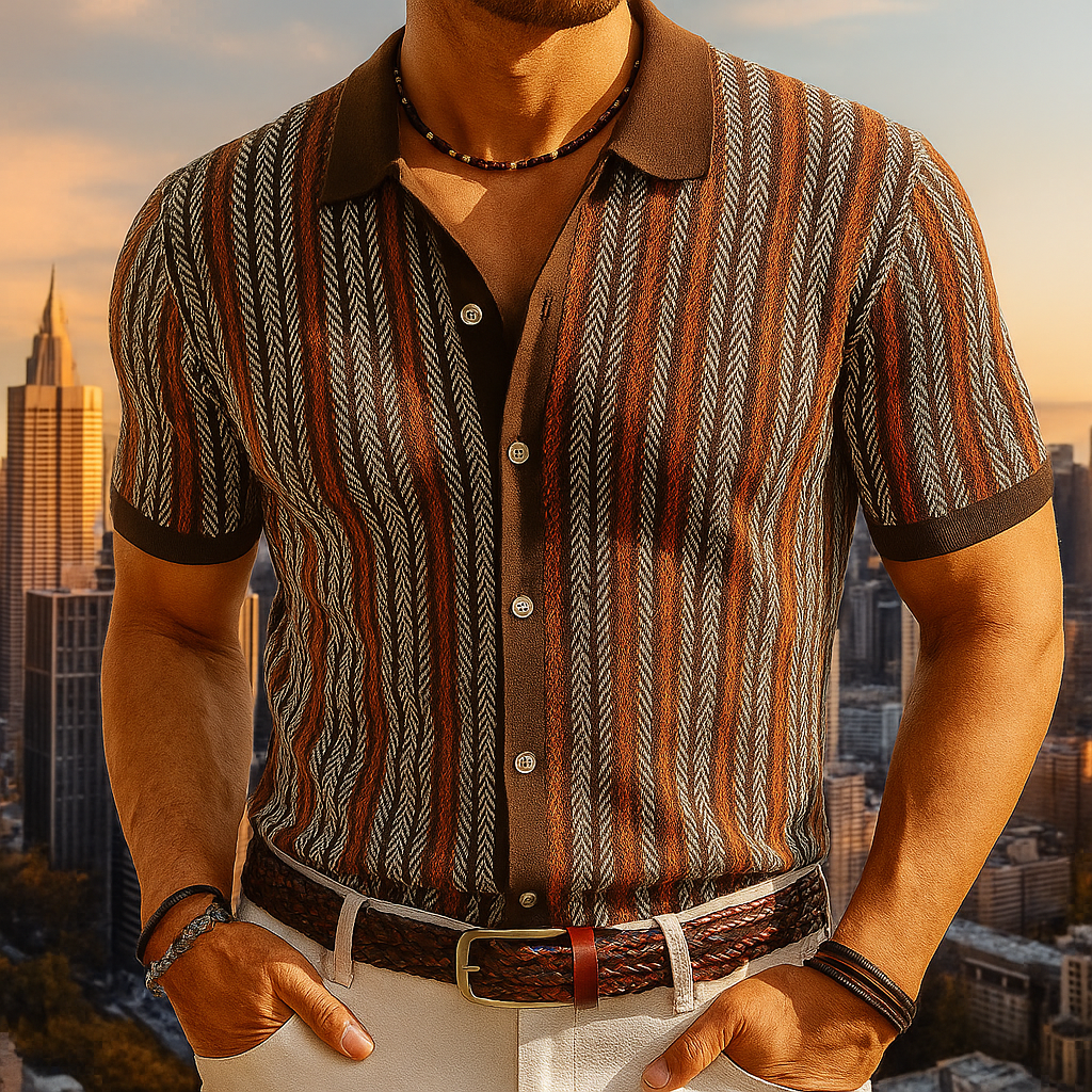 Men's Knit Button-Front Shirt with Herringbone Pattern and Collar