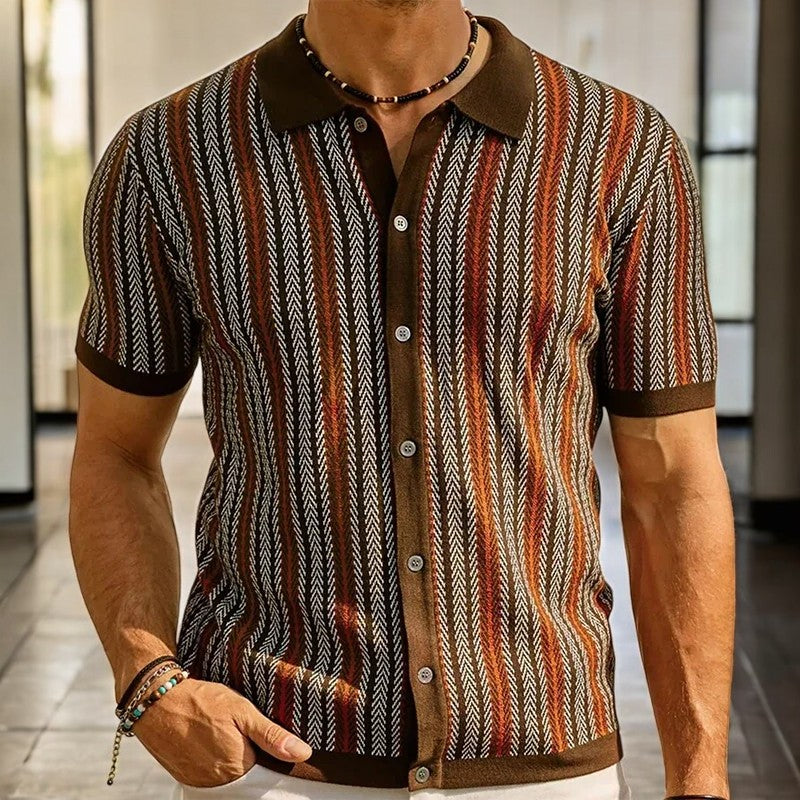Men's Knit Button-Front Shirt with Herringbone Pattern and Collar