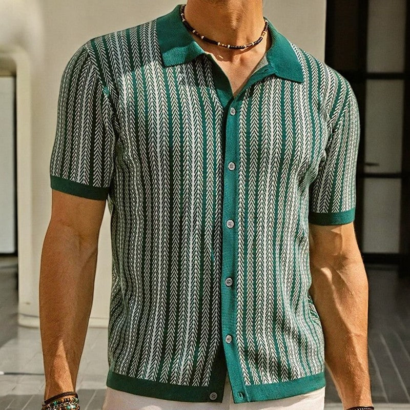 Men's Knit Button-Front Shirt with Herringbone Pattern and Collar