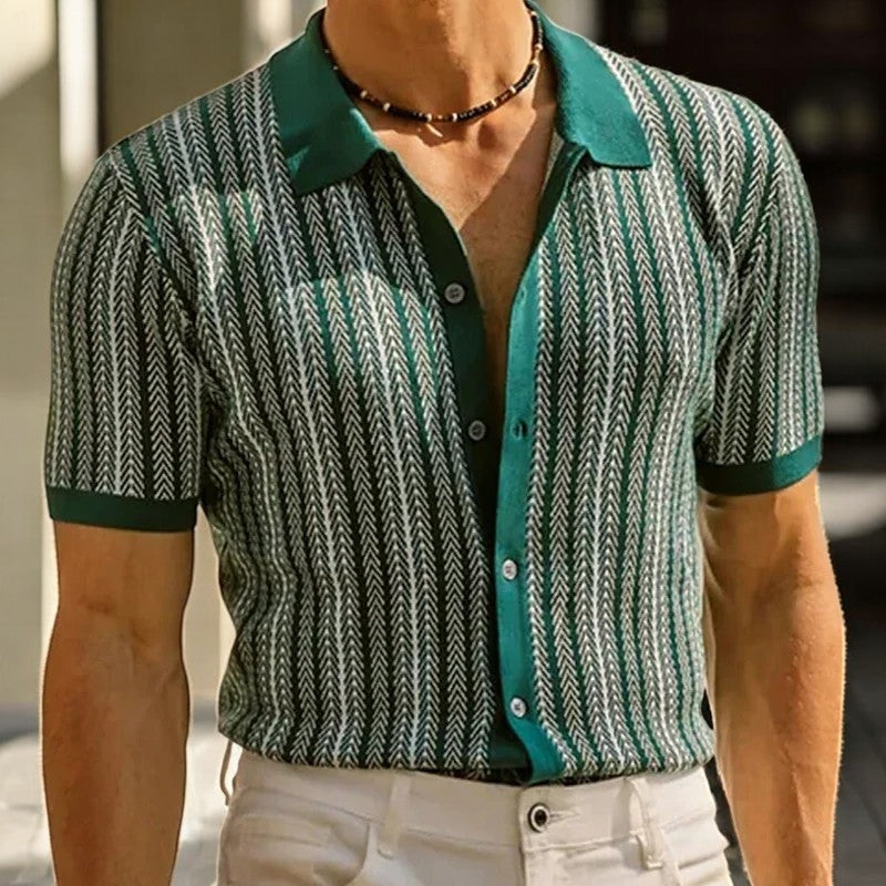 Men's Knit Button-Front Shirt with Herringbone Pattern and Collar