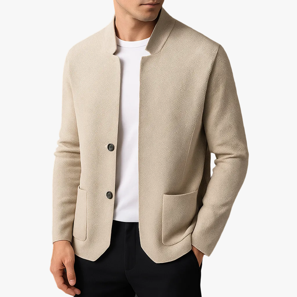 Men's Knit Cardigan with Stand Collar and Patch Pockets