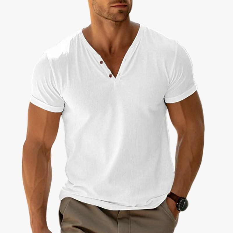 Men's Knit Henley Shirt with V Neck and Short Sleeves