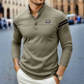 Men's Knit Henley T-Shirt with Button Placket and Sleeve Stripes