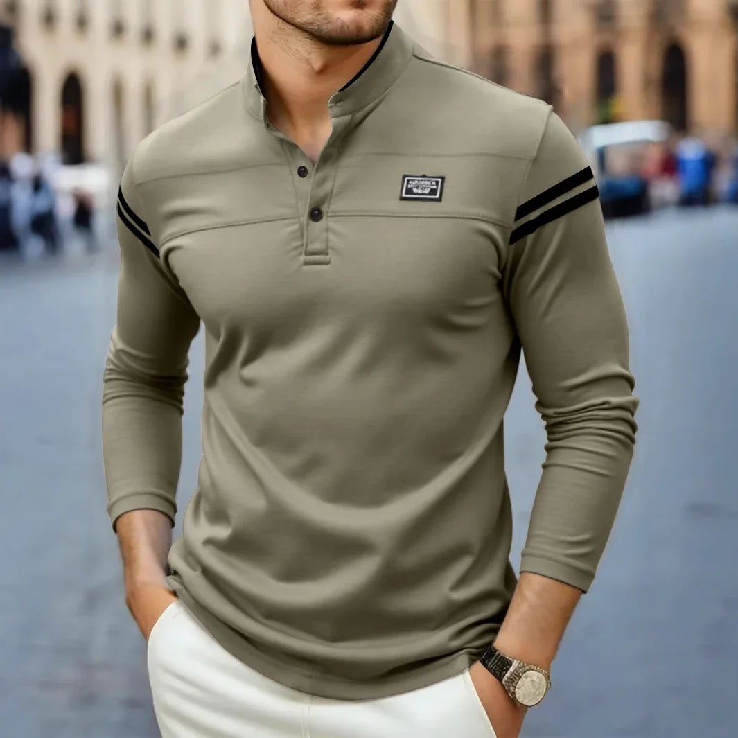 Men's Knit Henley T-Shirt with Button Placket and Sleeve Stripes