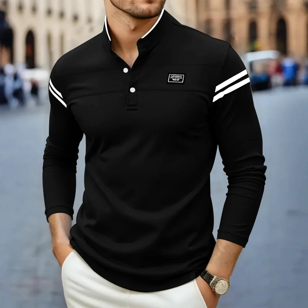 Men's Knit Henley T-Shirt with Button Placket and Sleeve Stripes