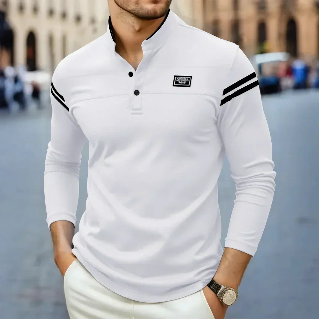 Men's Knit Henley T-Shirt with Button Placket and Sleeve Stripes