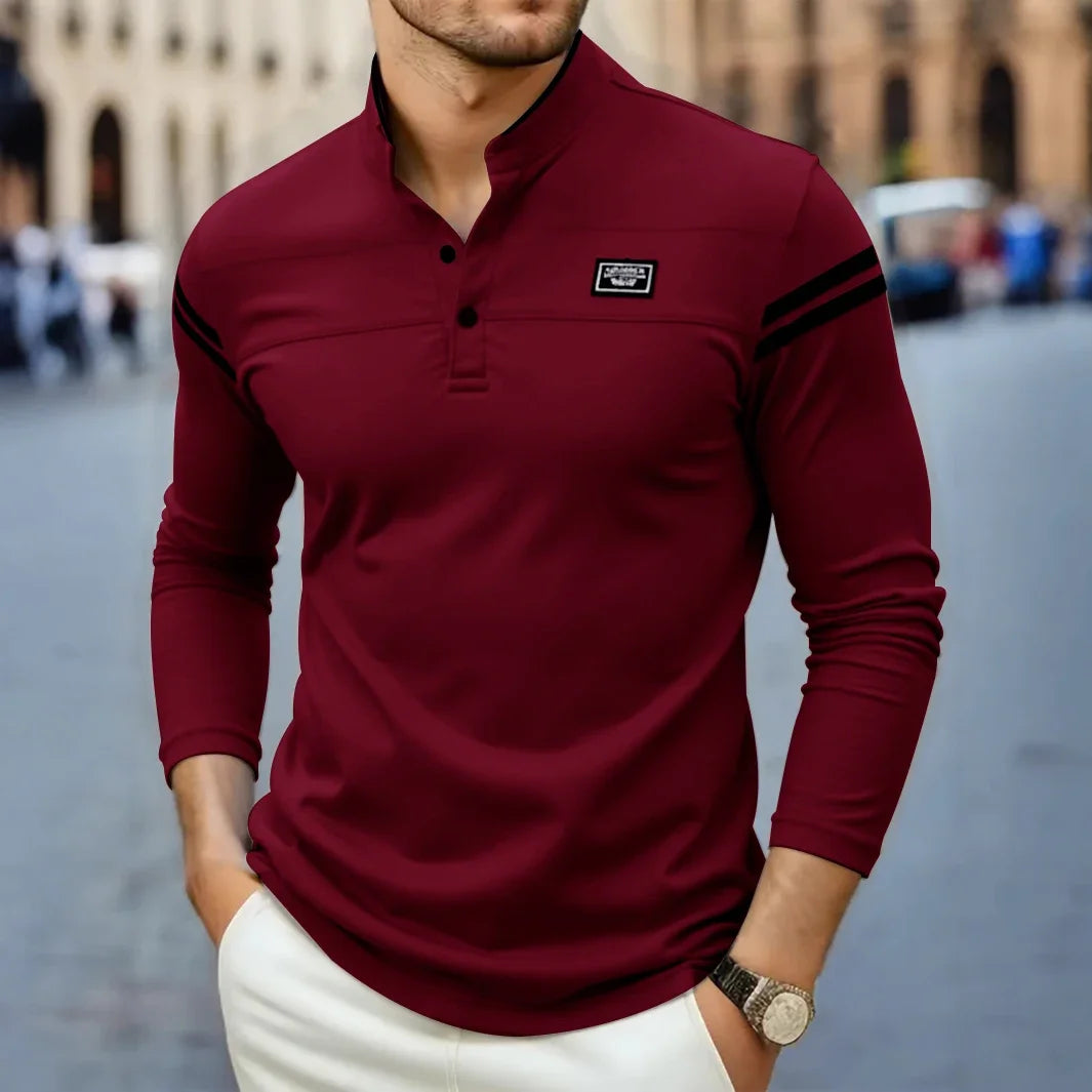 Men's Knit Henley T-Shirt with Button Placket and Sleeve Stripes