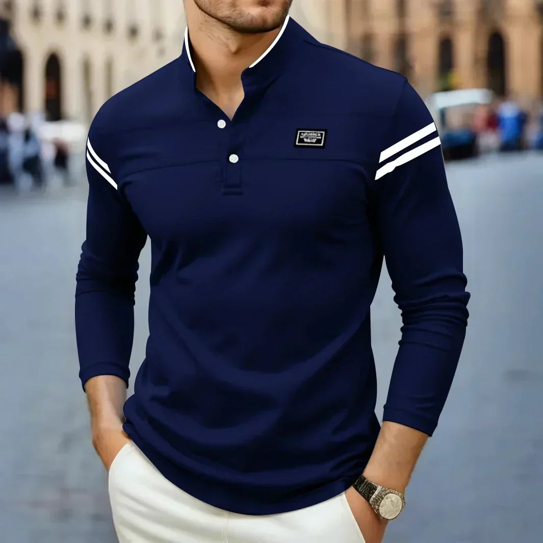 Men's Knit Henley T-Shirt with Button Placket and Sleeve Stripes