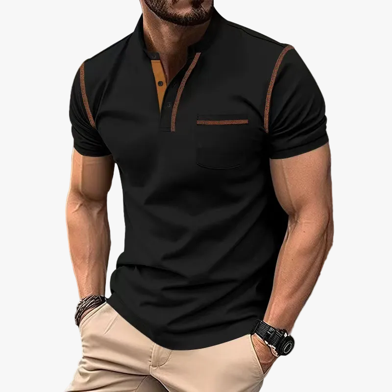 Men's Knit Polo Shirt with Band Collar and Chest Pocket