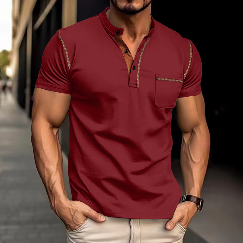Men's Knit Polo Shirt with Band Collar and Chest Pocket