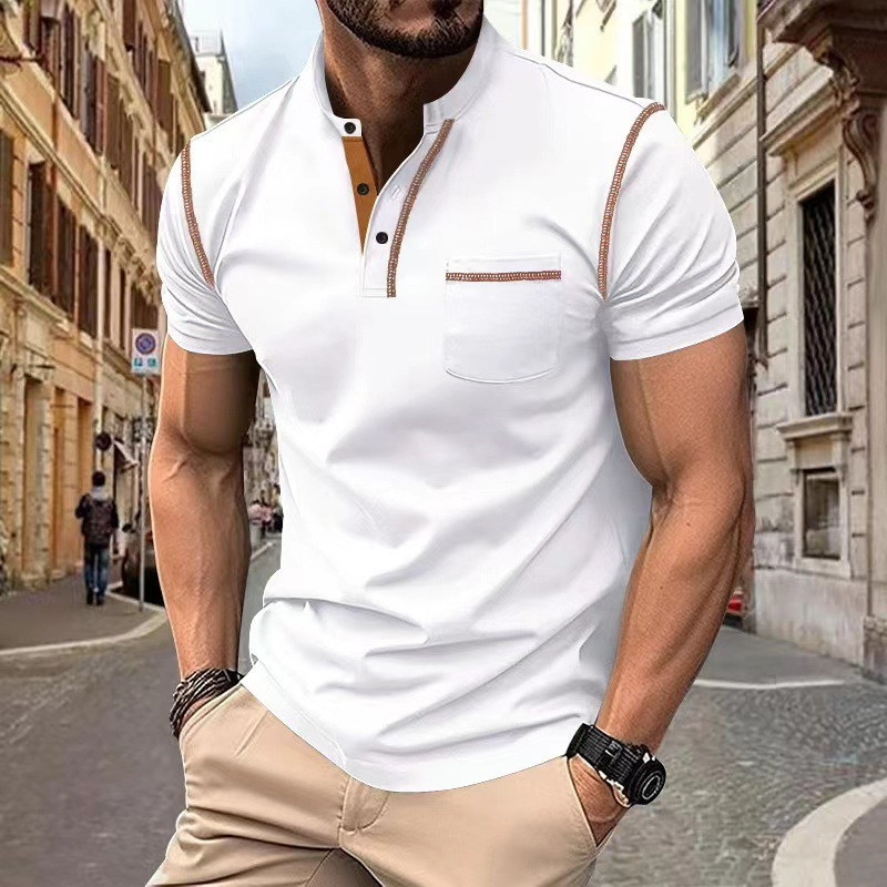 Men's Knit Polo Shirt with Band Collar and Chest Pocket
