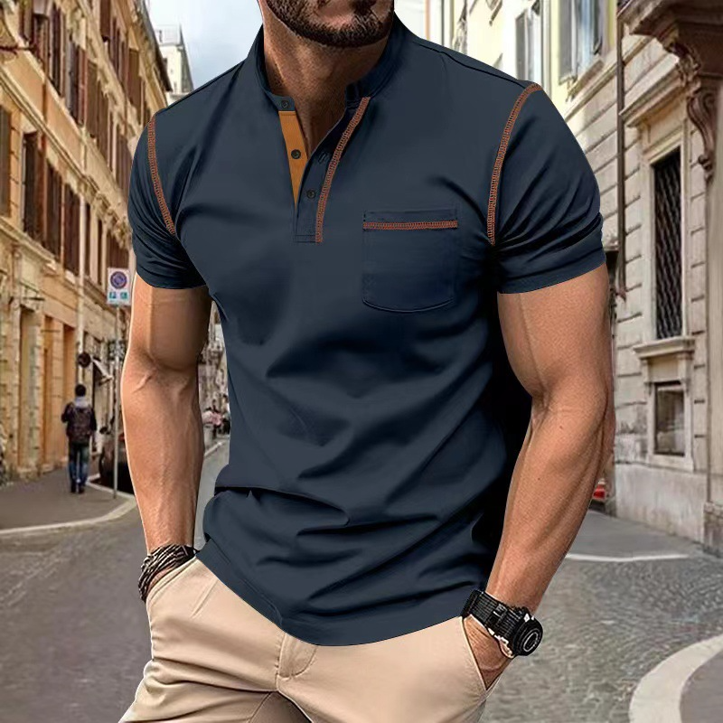 Men's Knit Polo Shirt with Band Collar and Chest Pocket