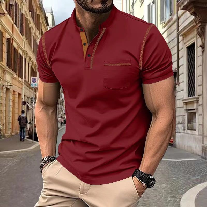Men's Knit Polo Shirt with Band Collar and Chest Pocket