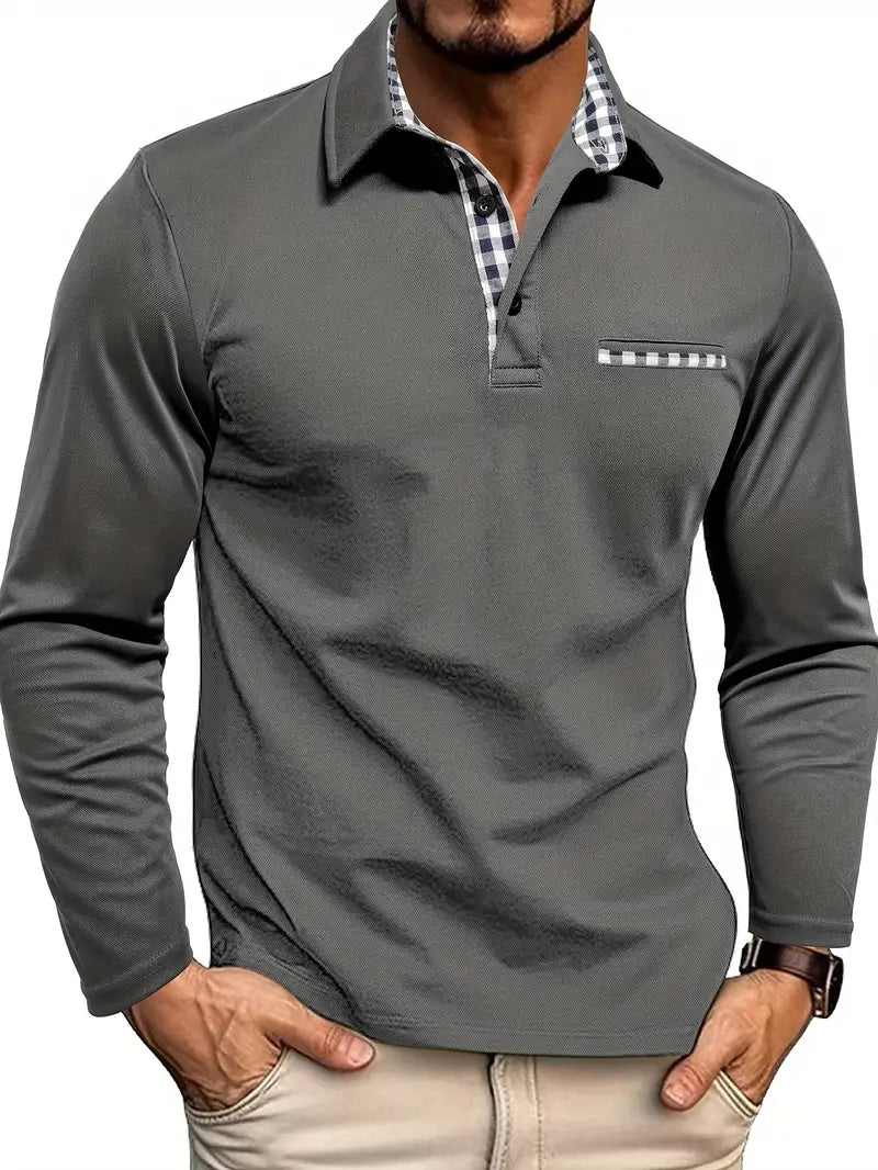 Men's Knit Polo Shirt with Button Placket and Plaid Trim