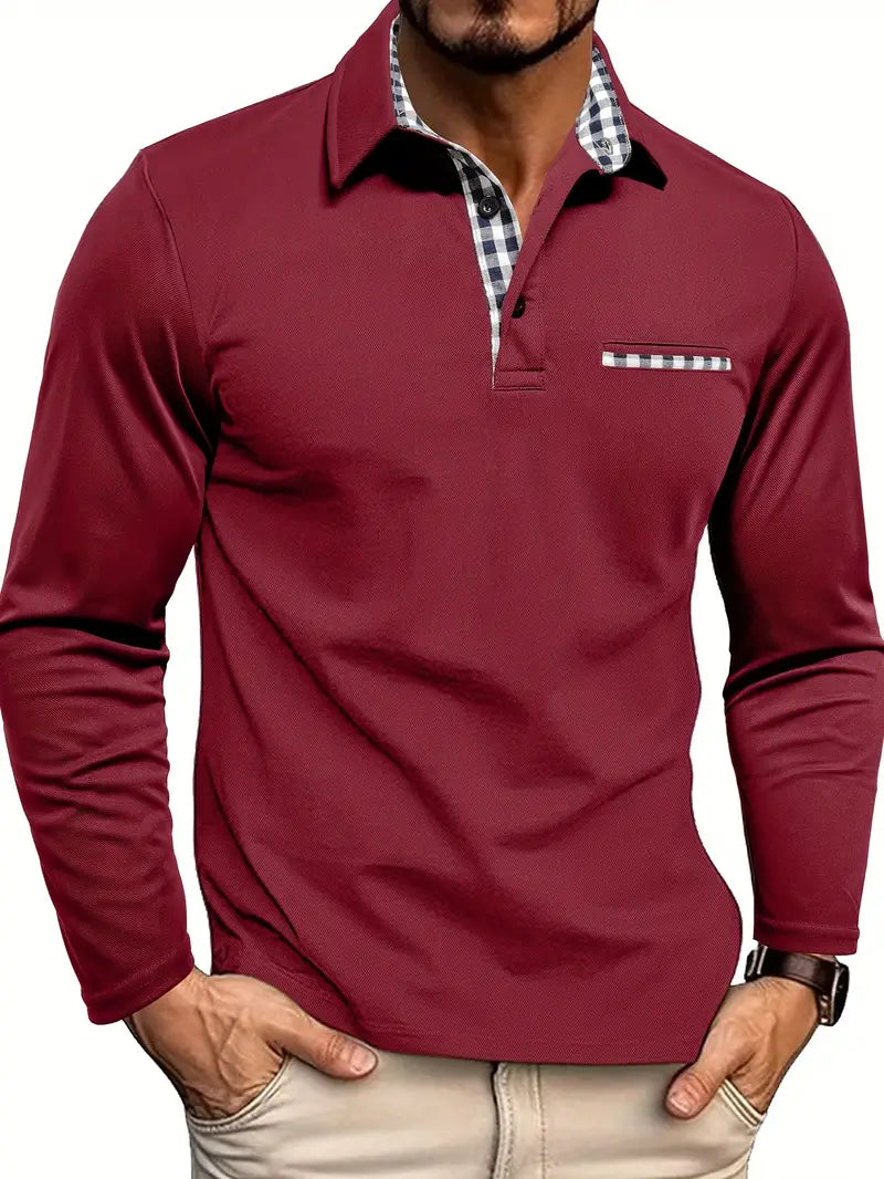 Men's Knit Polo Shirt with Button Placket and Plaid Trim