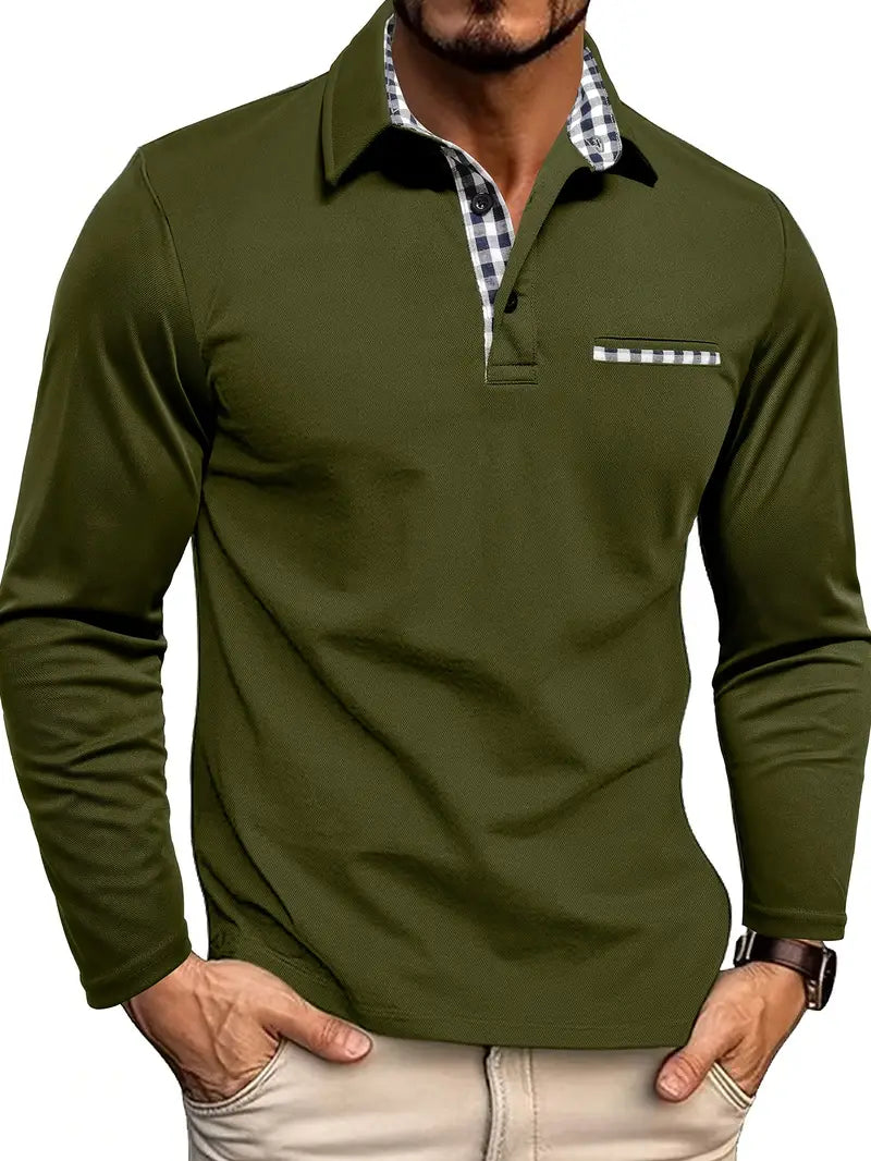 Men's Knit Polo Shirt with Button Placket and Plaid Trim