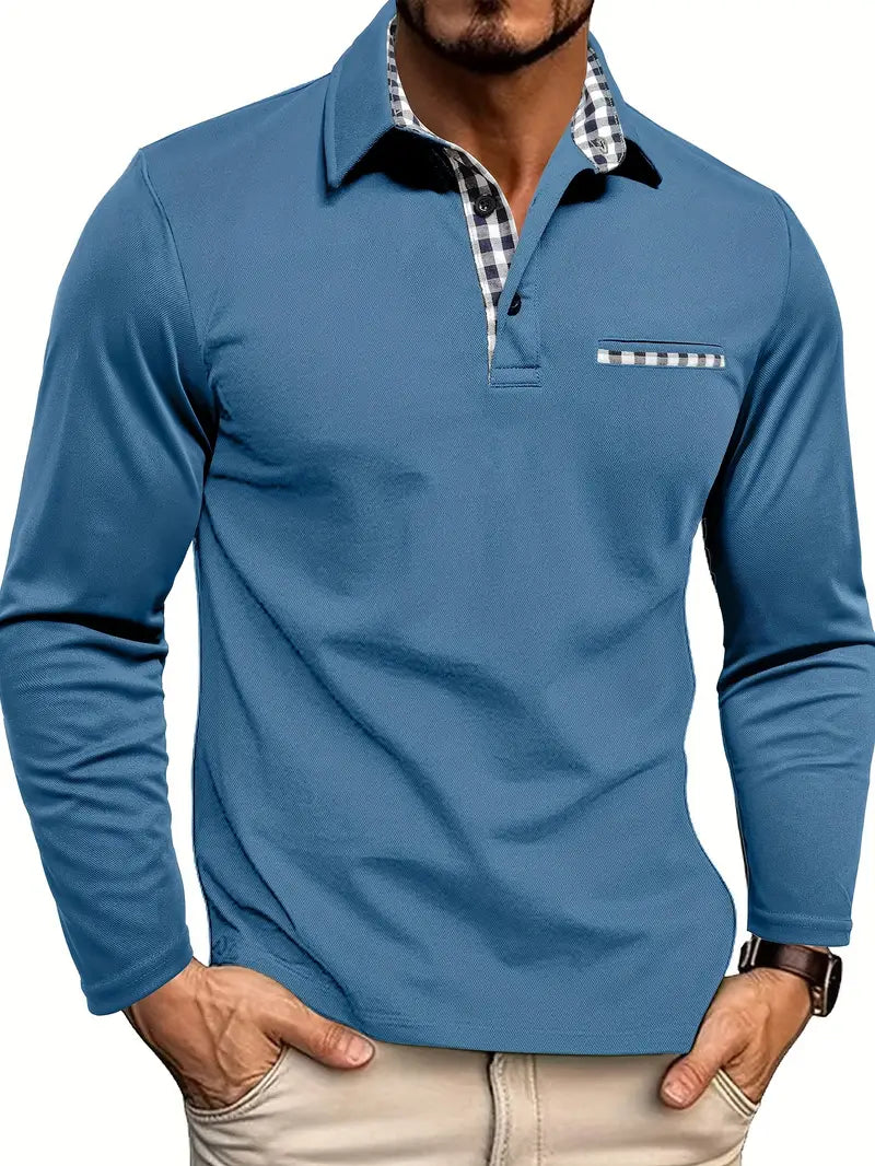 Men's Knit Polo Shirt with Button Placket and Plaid Trim