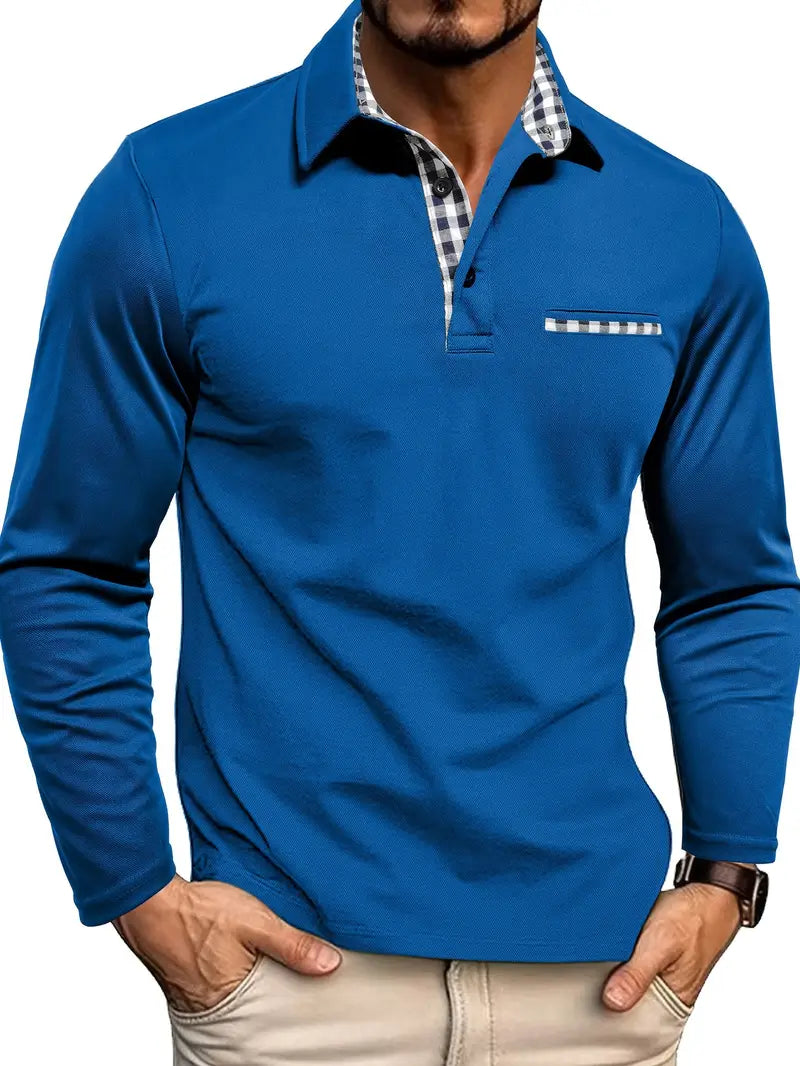 Men's Knit Polo Shirt with Button Placket and Plaid Trim