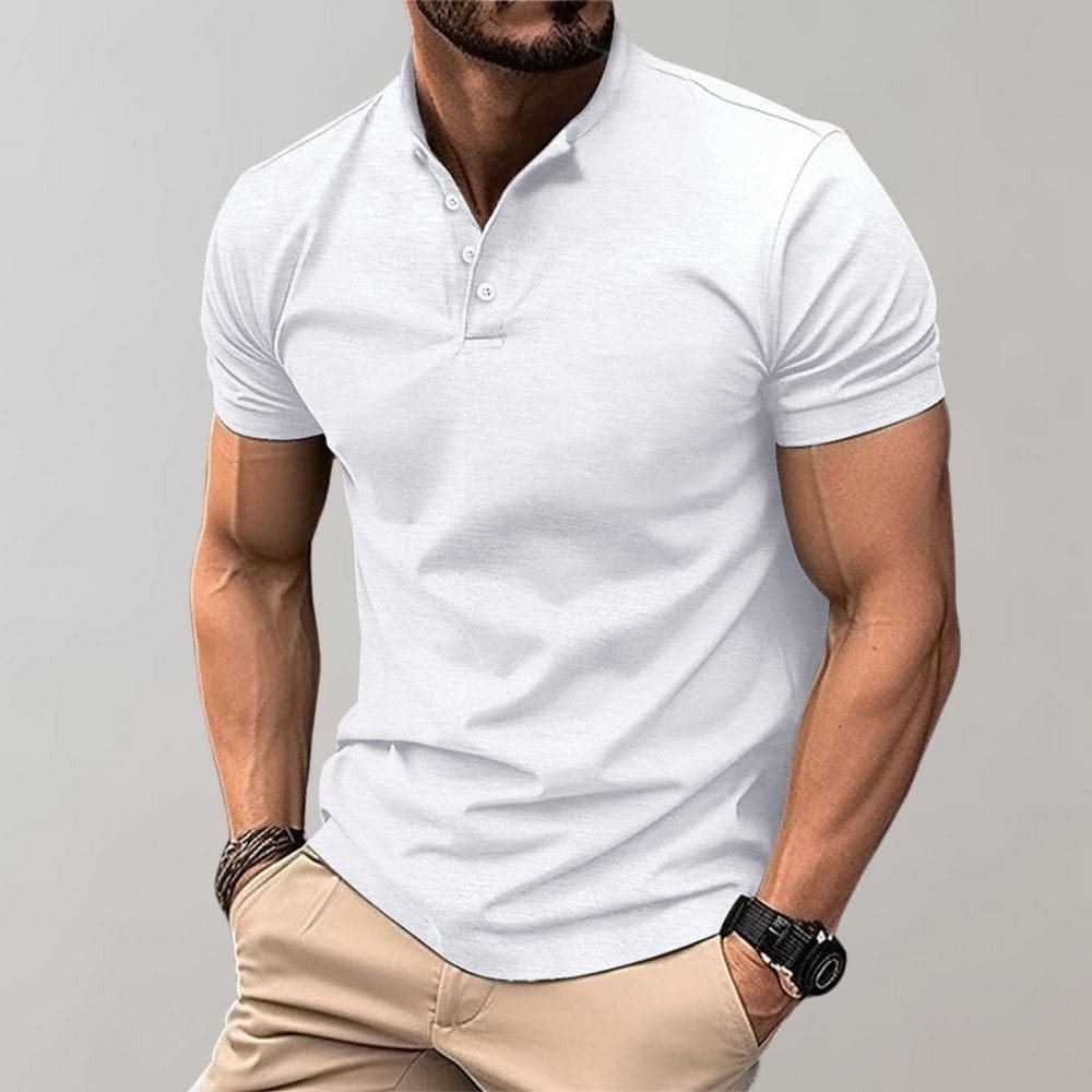 Men's Knit Polo Shirt with Three-Button Placket and Stand Collar