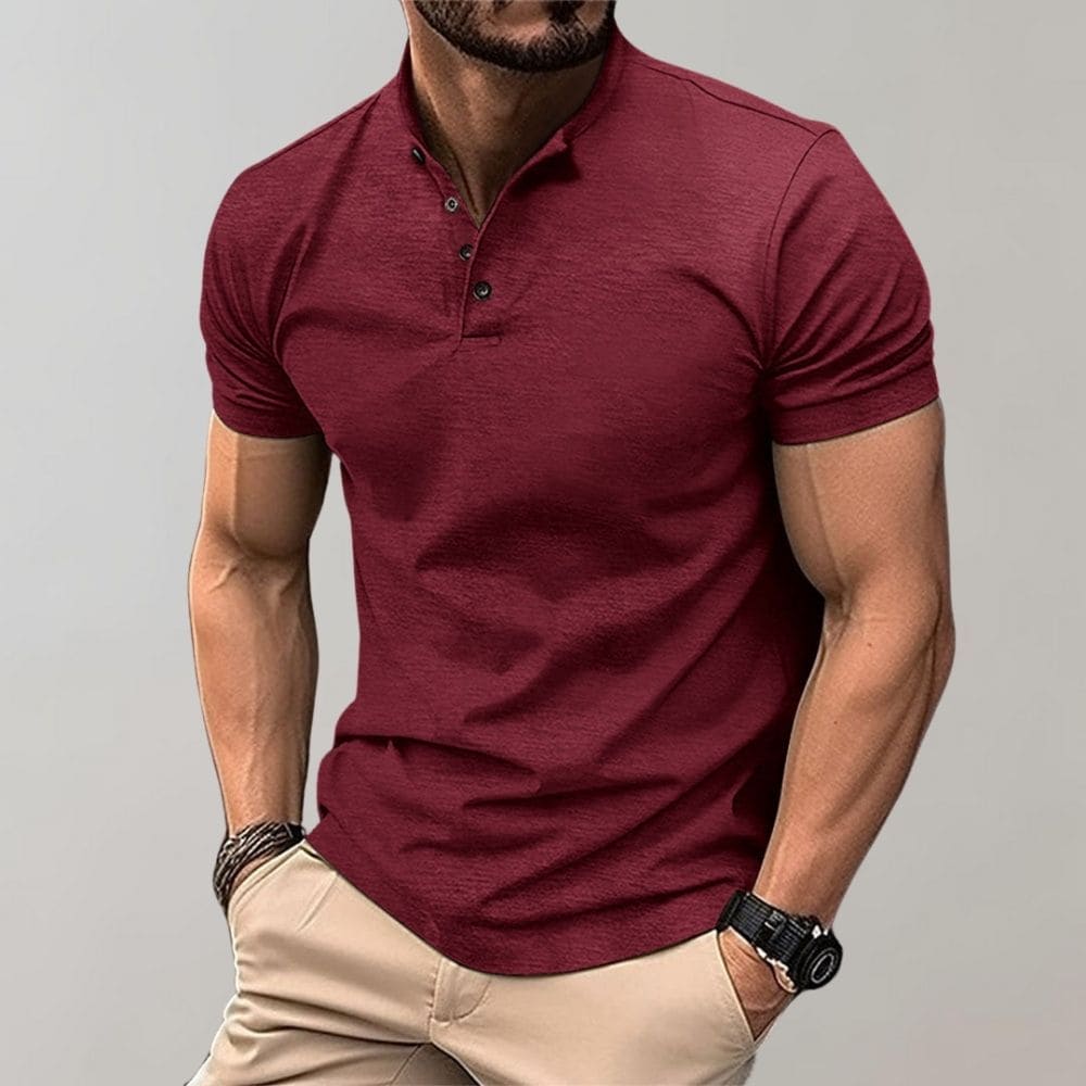 Men's Knit Polo Shirt with Three-Button Placket and Stand Collar