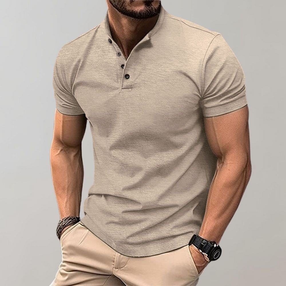 Men's Knit Polo Shirt with Three-Button Placket and Stand Collar