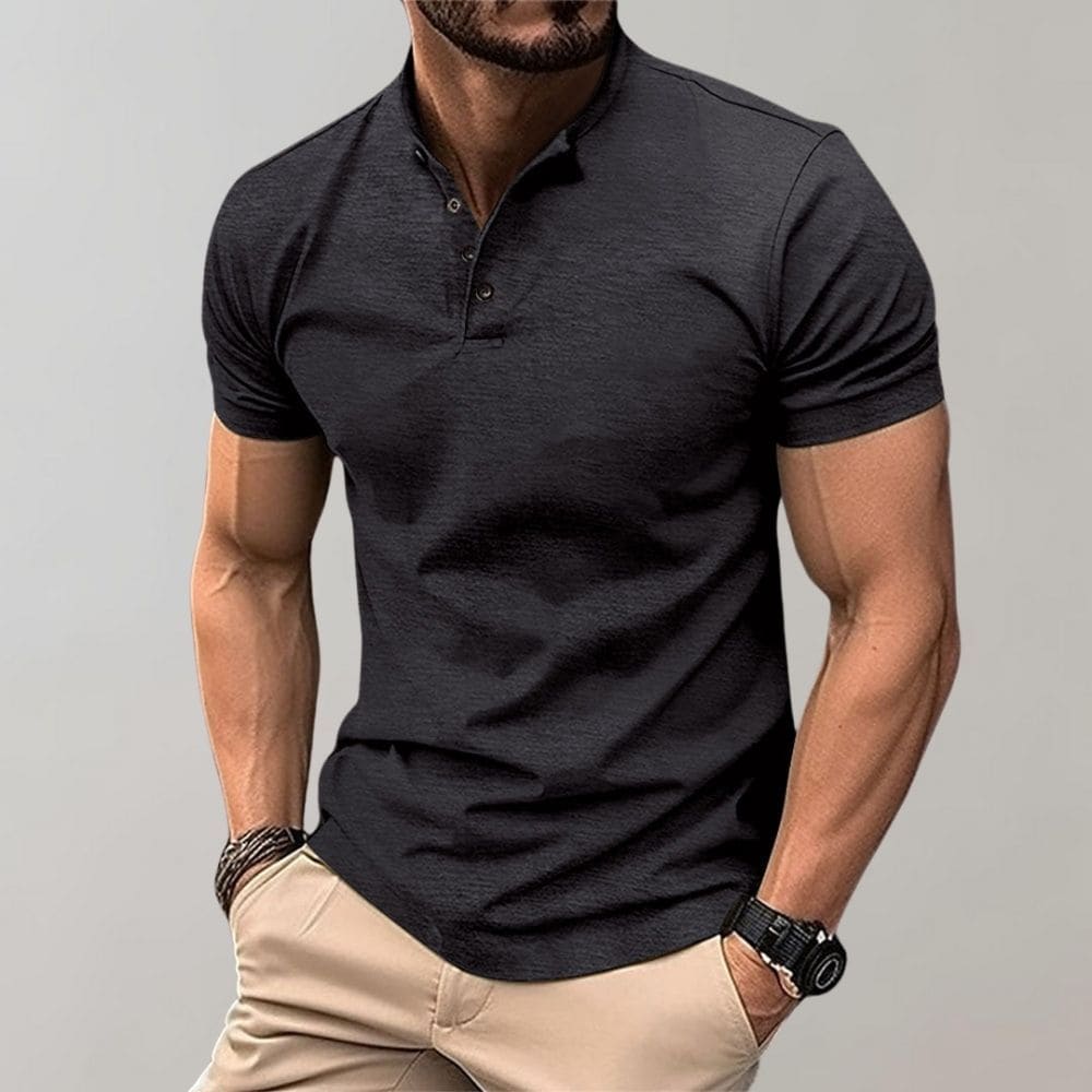 Men's Knit Polo Shirt with Three-Button Placket and Stand Collar