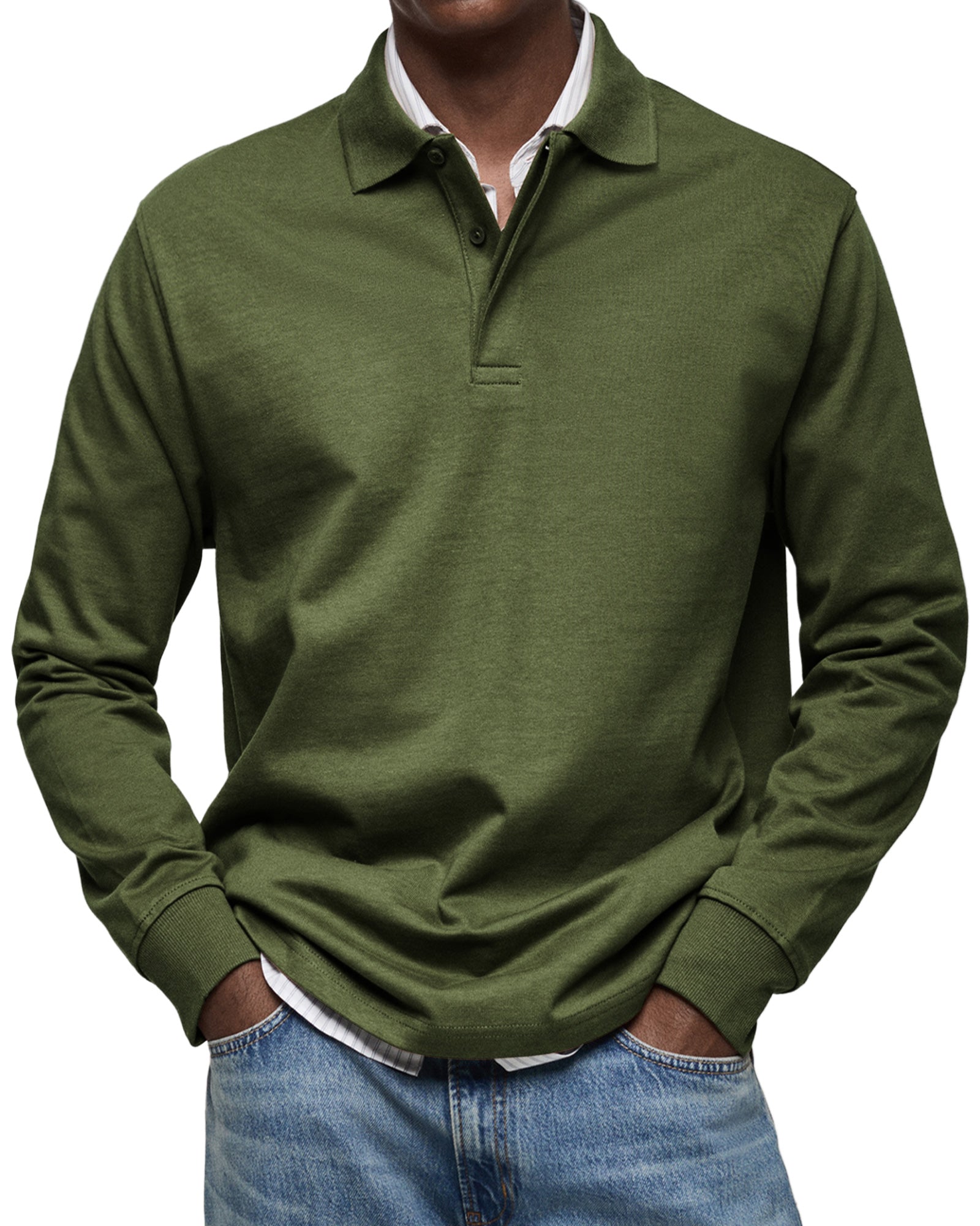 Men's Knit Polo Sweater with Button Placket and Rib Cuffs