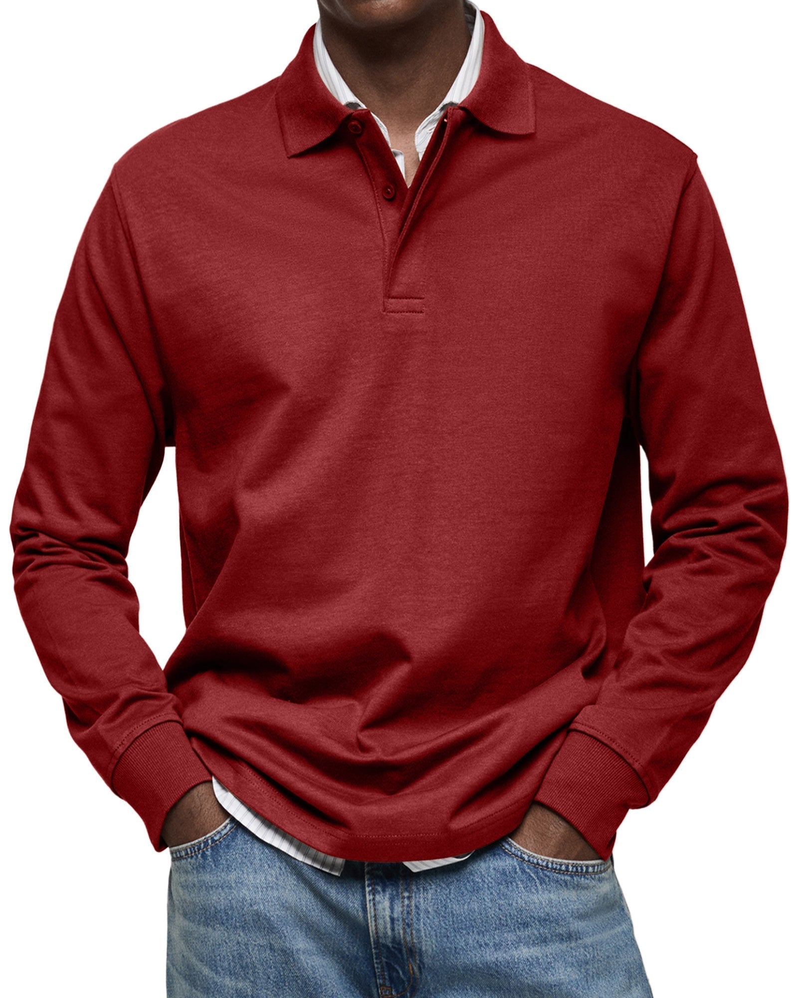 Men's Knit Polo Sweater with Button Placket and Rib Cuffs