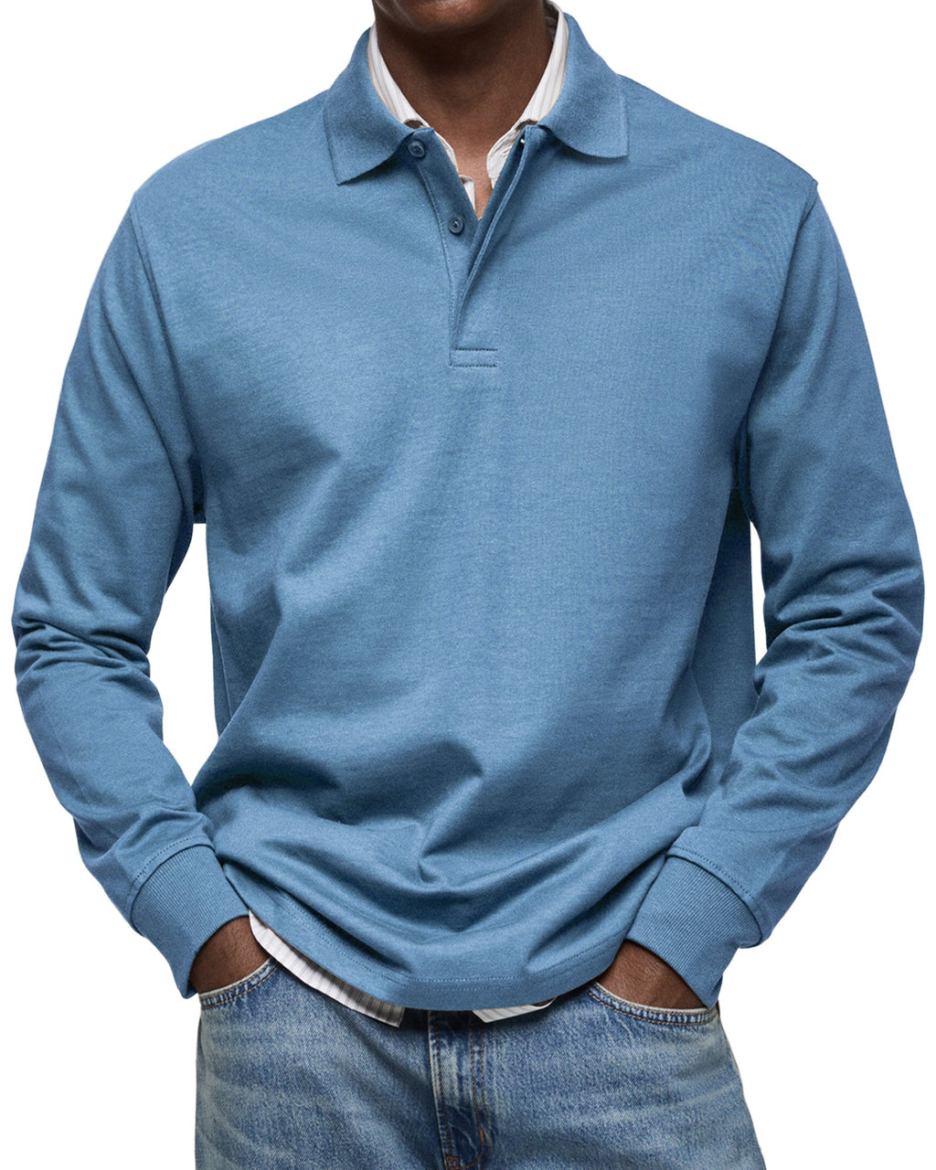 Men's Knit Polo Sweater with Button Placket and Rib Cuffs