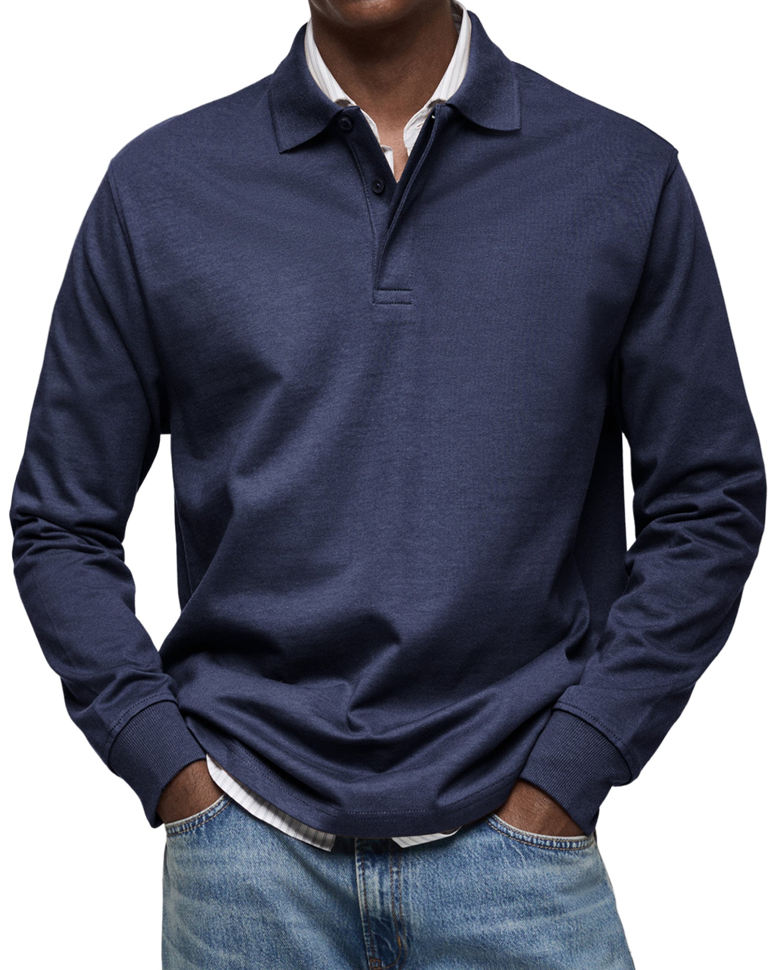 Men's Knit Polo Sweater with Button Placket and Rib Cuffs