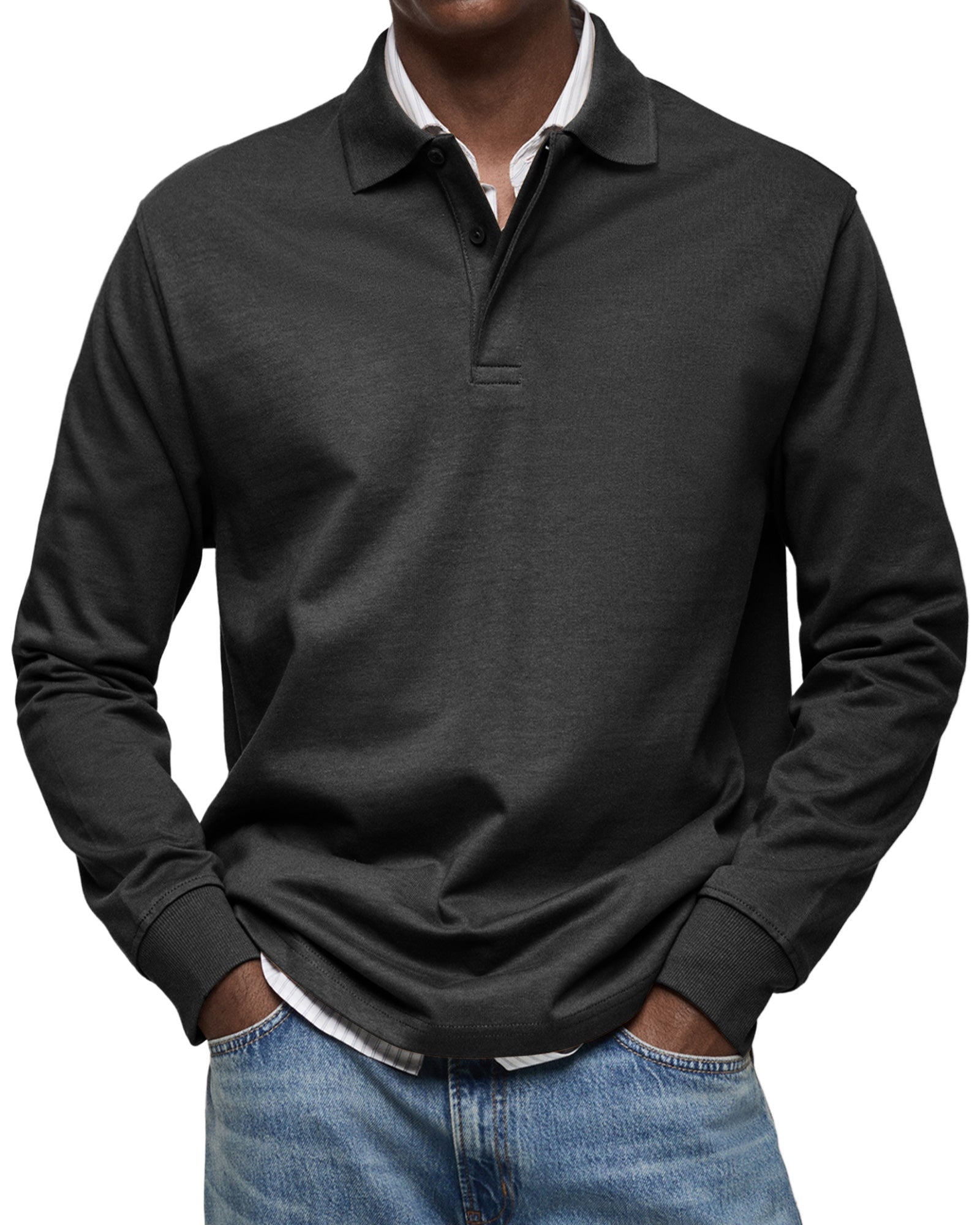 Men's Knit Polo Sweater with Button Placket and Rib Cuffs