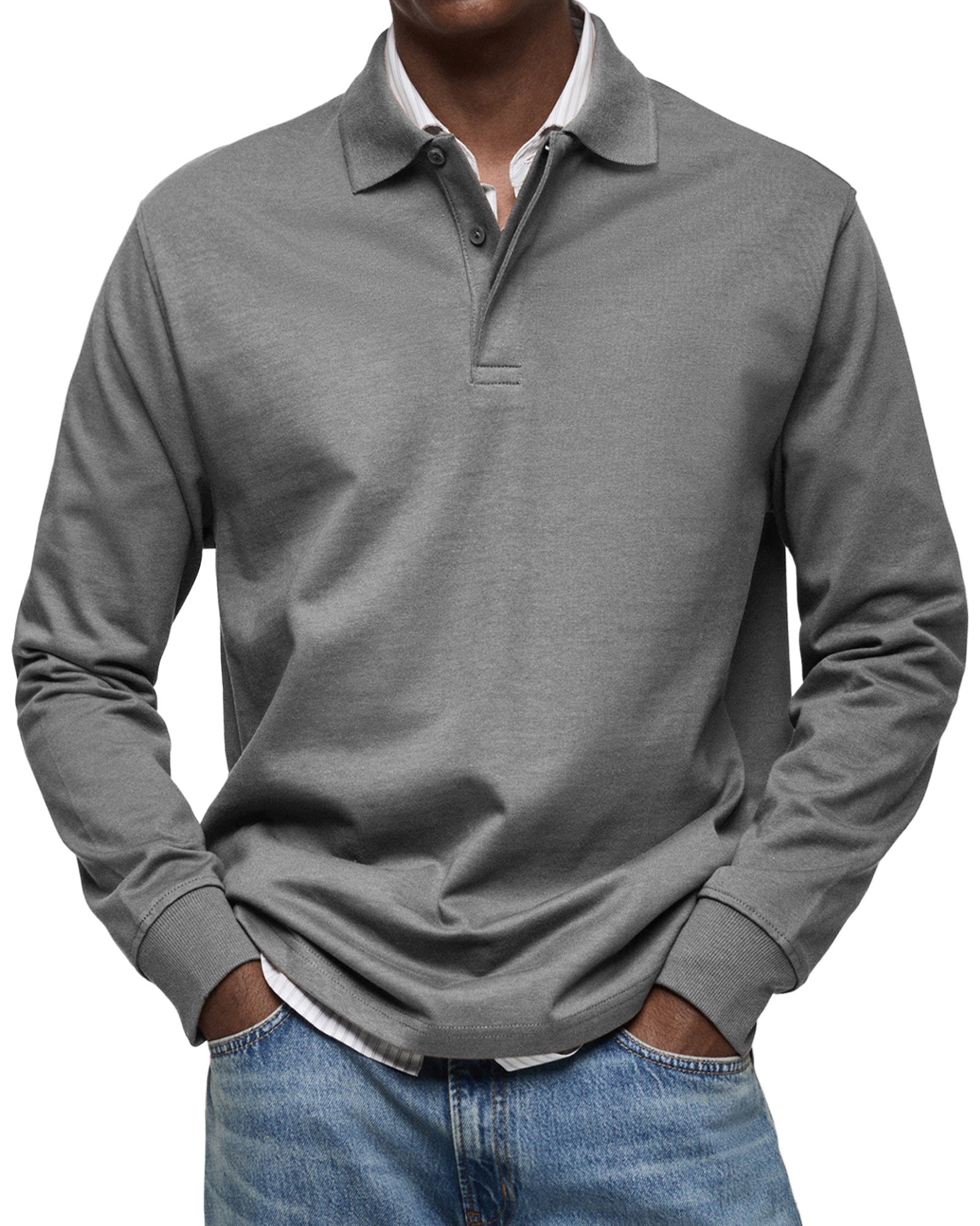 Men's Knit Polo Sweater with Button Placket and Rib Cuffs