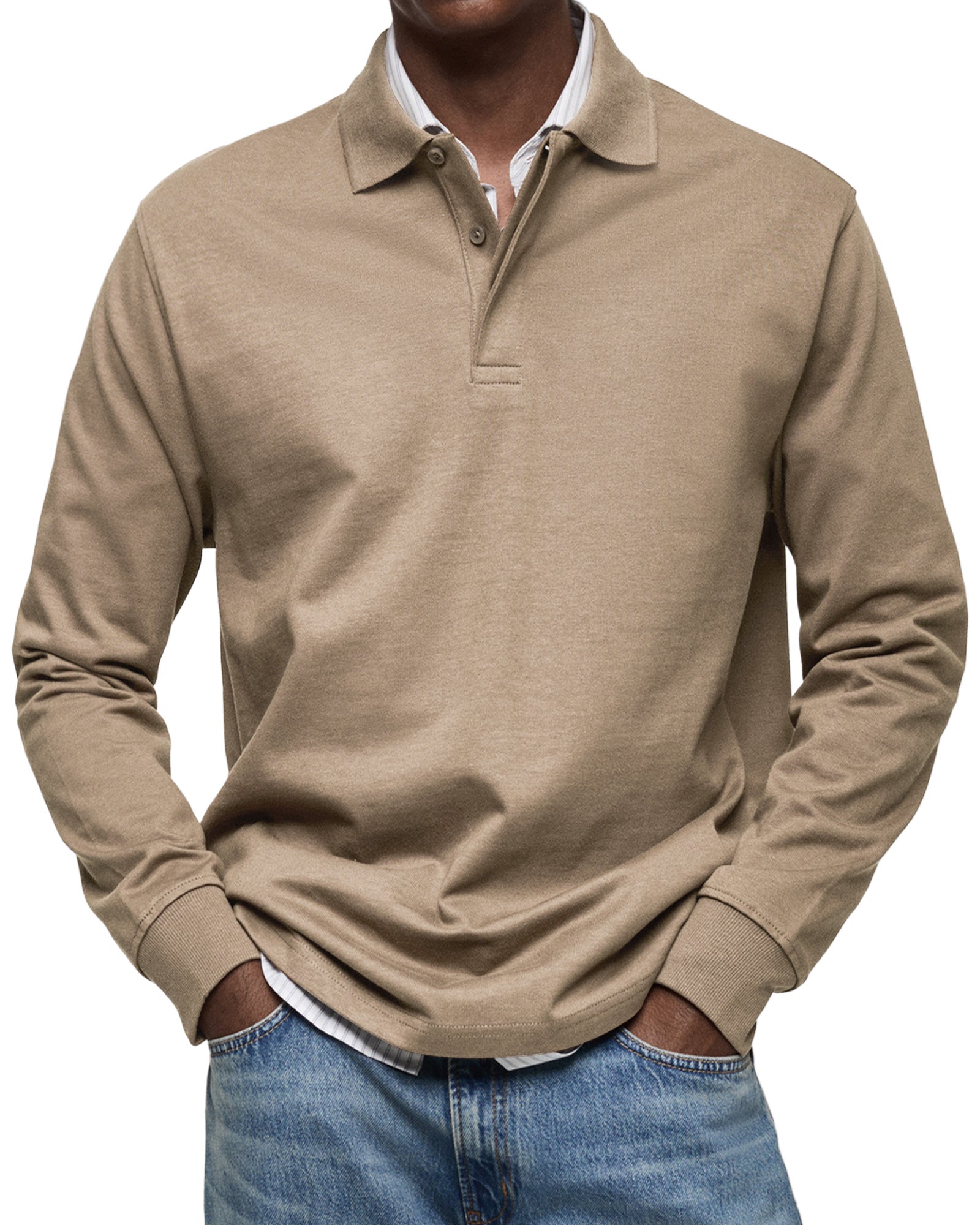 Men's Knit Polo Sweater with Button Placket and Rib Cuffs