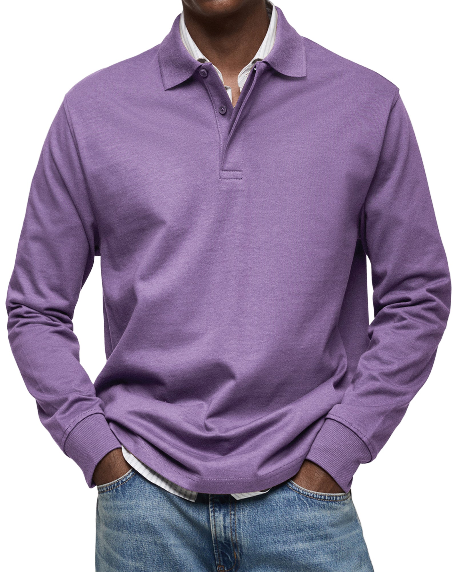 Men's Knit Polo Sweater with Button Placket and Rib Cuffs