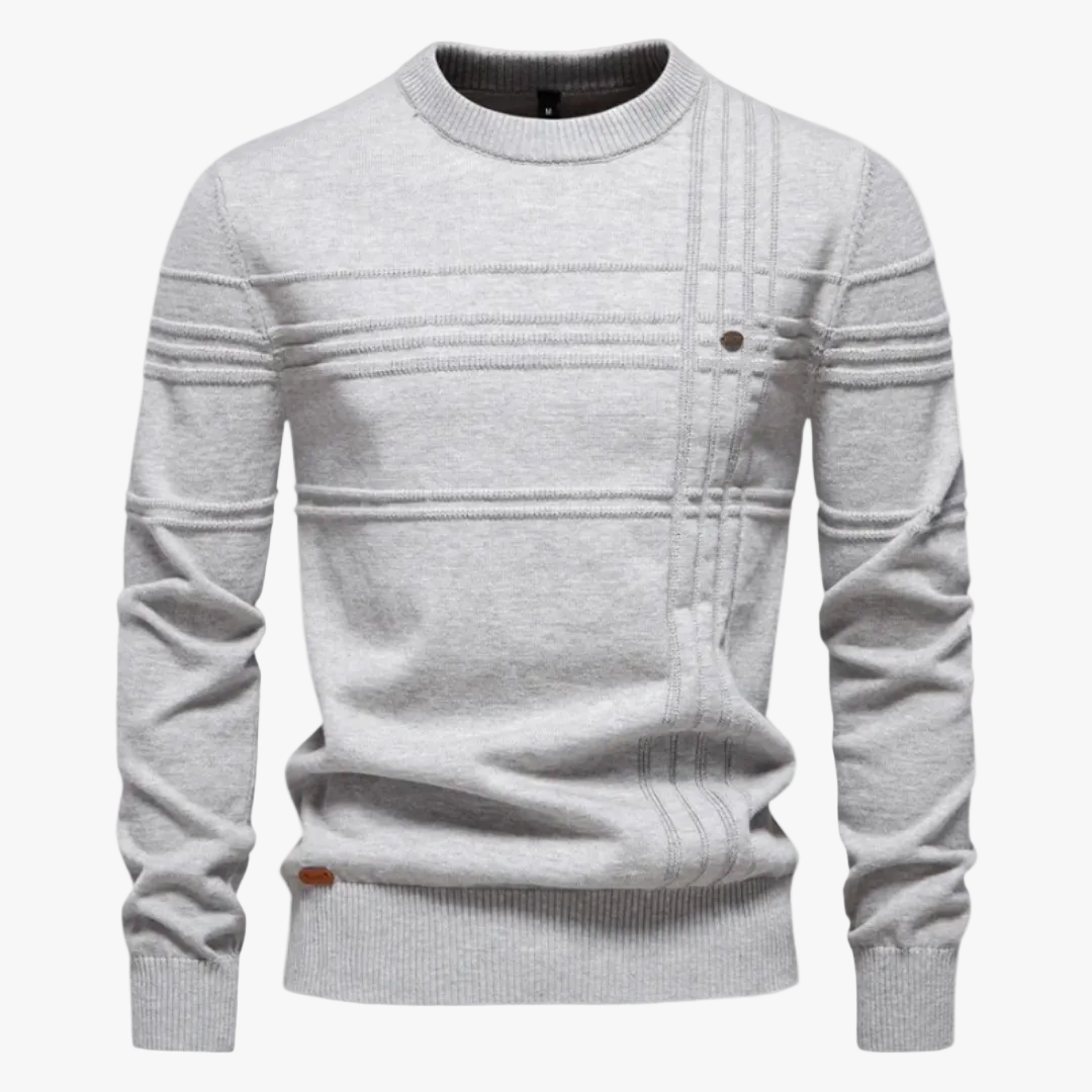 Men's Knit Pullover Sweater with Crew Neck and Raised Plaid Lines