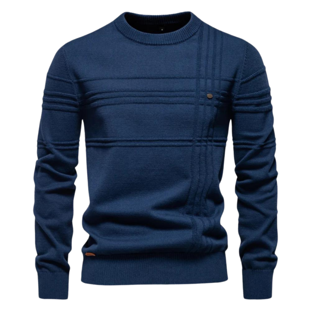 Men's Knit Pullover Sweater with Crew Neck and Raised Plaid Lines