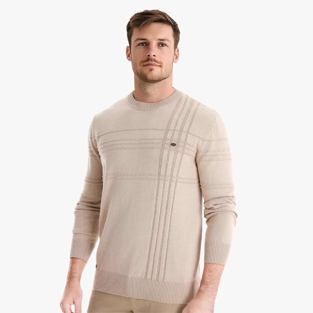 Men's Knit Pullover Sweater with Crew Neck and Raised Plaid Lines